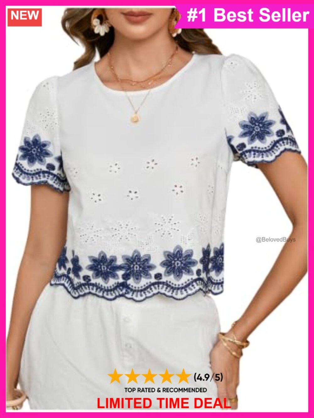 Boho Floral Eyelet Embroidery Scallop Trim Short Sleeve Blouse